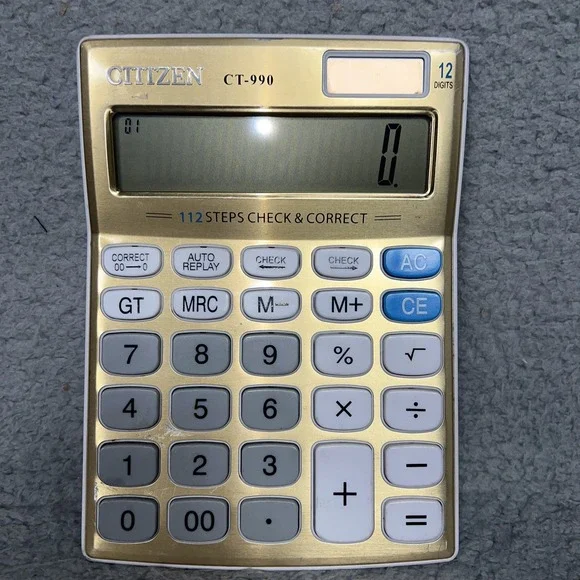 VTG Citizen CT-990 Desktop Calculator Gold 12 Digits Check Correct Solar Battery