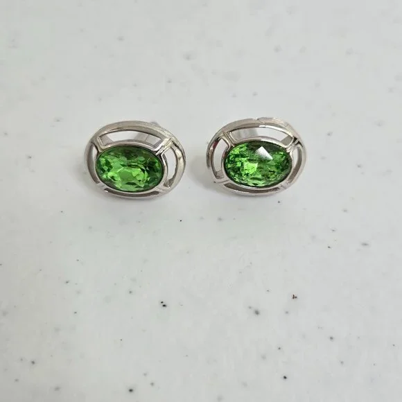 Swank Green Rhinestone Cufflinks Silver Tone Mens Oval Crystal Vintage