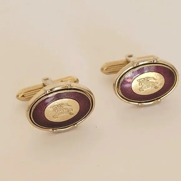 Burberry Cufflinks Set Gold Purple Tone Logo Vintage Square Hallmark Retro