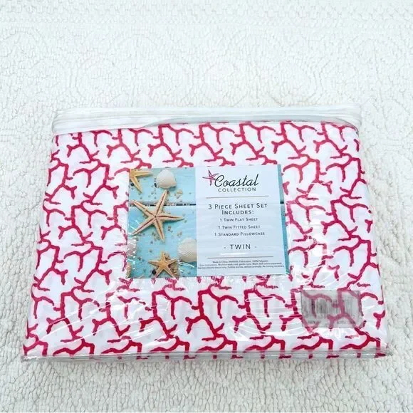 NEW Coastal Collection Sheet Set Twin White Red