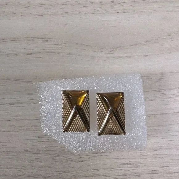 Vintage Gold Tone Amber Geometric Cufflinks Mens Formal Jewelry