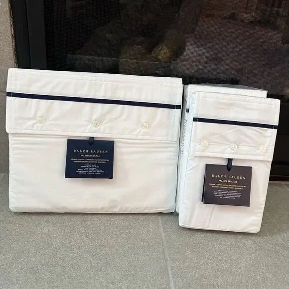 Ralph Lauren Flat Sheet Twin Standard Pillow Cases Organic Cotton Palmer Navy