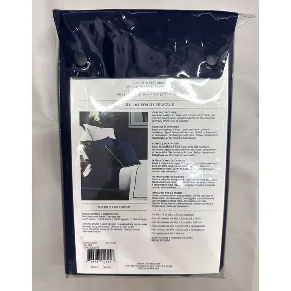 Ralph Lauren TWIN FLAT SHEET RL 464 Polo Navy Blue 100% Cotton Solid Percale