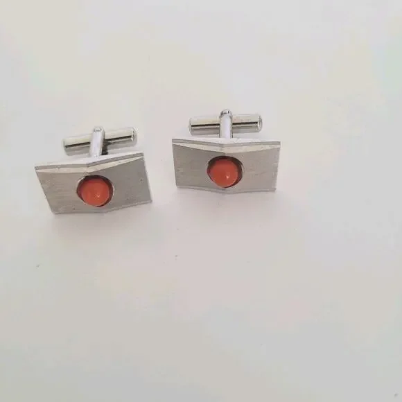 Coral Coral set Cufflinks Silver Red Geometric Rectangle