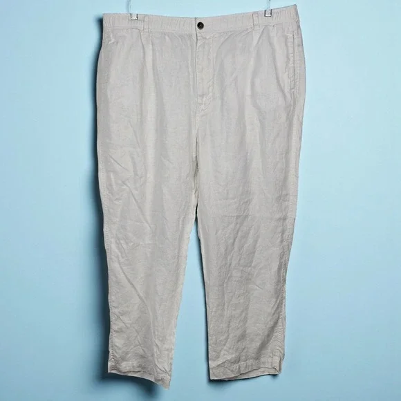 28 Palms White 100% Linen Pants Men XXL Flat Front Elastic Waist Casual Trousers