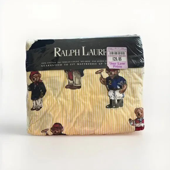 Vintage Ralph Lauren Polo Bear Queen Fitted Sheet Yellow Stripe 90’s Bedding NOS
