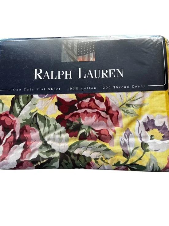 Vint NIP Ralph Lauren 100% Cotton Twin Flat Sheet Brooke Floral Yellow