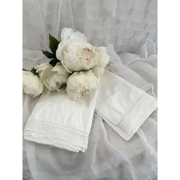 2 VTG 70’s QUEEN Pillowcases 100% Cotton CROCHETED LACE White SHABBY CHIC USA