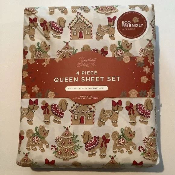 Gingerbread Holiday Dogs Queen 4 Piece Queen Sheet Set New