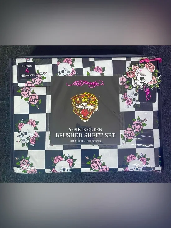 Ed Hardy DP 6-pc Queen Sheet Set Black White Checkered Skulls Pink Roses NEW NIP