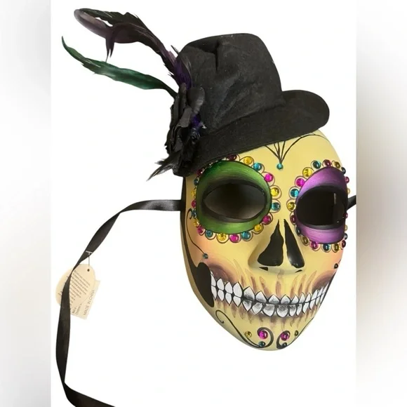 MARDI GRAS Day of the Dead Full Face Mask Top Hat Colorful Tie Back Adult