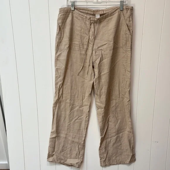 LONDONJEAN Tan 100% linen Chinos wide leg drawstring Lightweight S