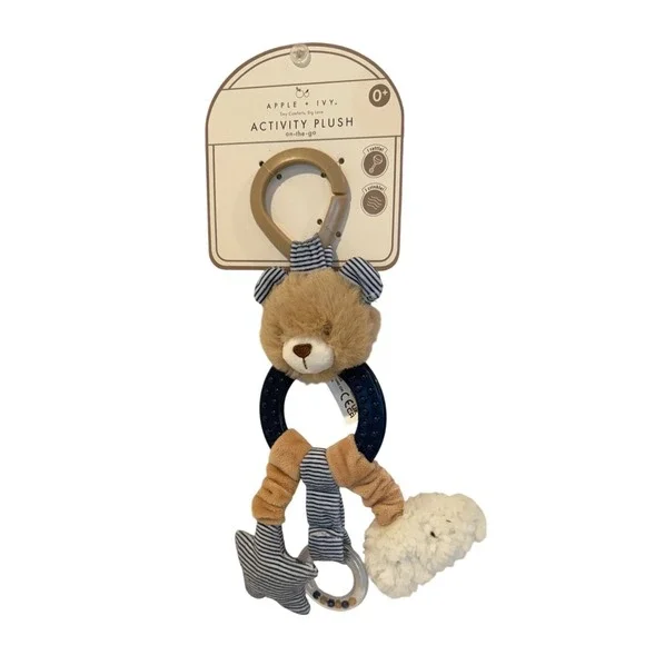 New Activity Plush Baby Bear On-The-Go Infant Sensory Rattle Crinkle Toy Blue