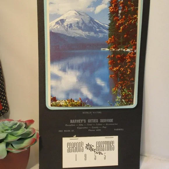 Vintage 1955 Wall Calendar Farwell Mi Michigan Skyblue Waters Snowy Moun…