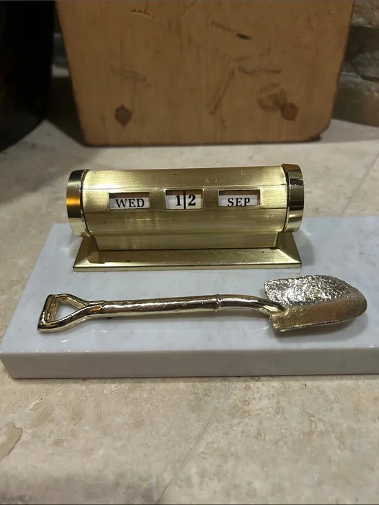 Vintage Brass Desk Perpetual Calendar with Marble Base and Shovel Accent