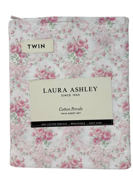 Laura Ashley Floral Ribbon and Bows Cotton Percale Sheet Twin Set NWT