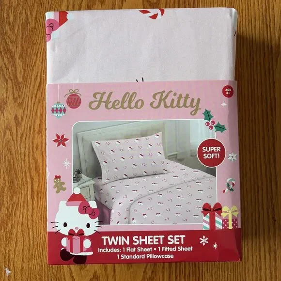 Hello Kitty Holiday Candy Cane Love Twin Sheet Set 3 Piece Set New In Package