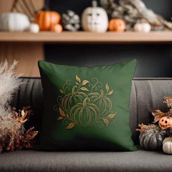 Autumn Pumpkin Floral Square Pillowcase - Green