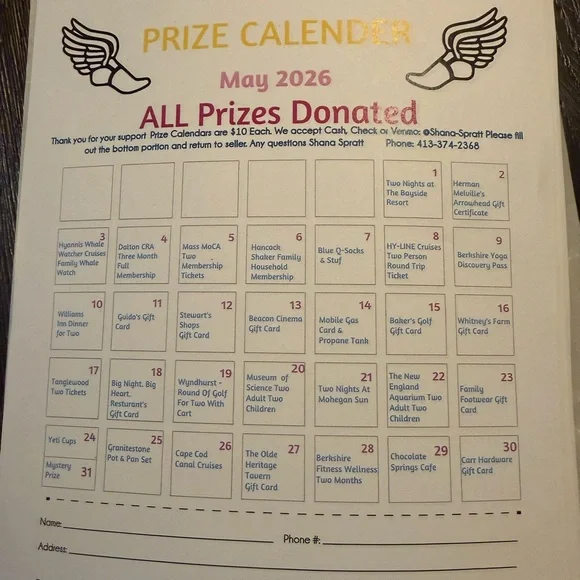 Prize Calendar Monthly Fundraiser Raffle Board - Gold and White Design