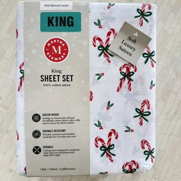 New Martha Stewart Holiday Christmas KING Sheet Set Candy Canes Cotton Cottage