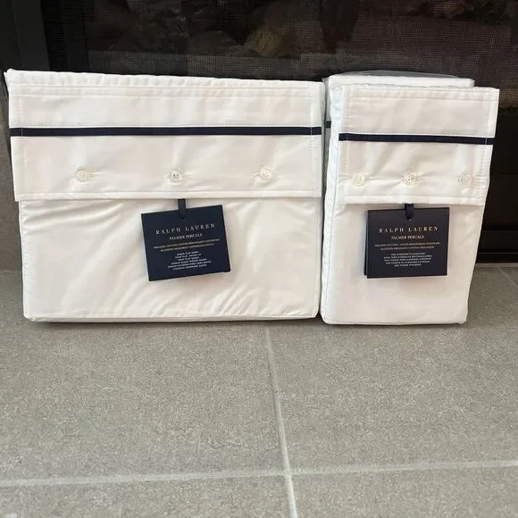 Ralph Lauren Queen Flat Sheet Pillow Cases Organic Cotton Palmer Polo Navy