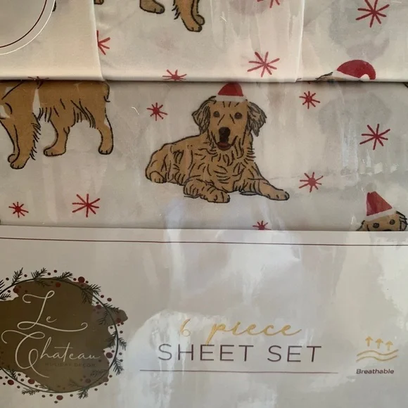 Christmas Golden Retriever Santa Paws Queen Sheets Set NEW