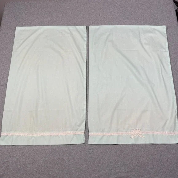 Vintage Mint Green Pillowcase Pair Lace Trim Butterfly Applique Standard Size