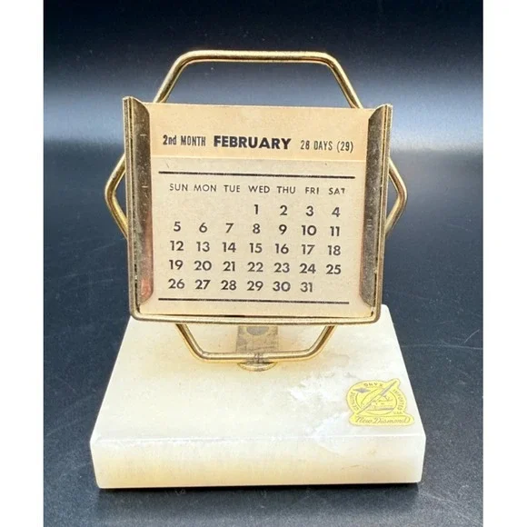 Perpetual Desk Calendar Brass Onyx Base Stone Mid Century Art Deco Complete
