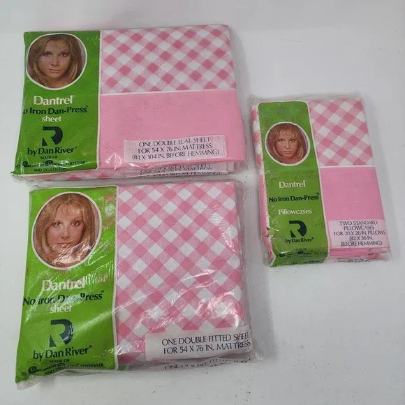 Vtg Dantrel Dan River Double Sheet Set Pink White Check Flat Fitted 2 Pillow NOS