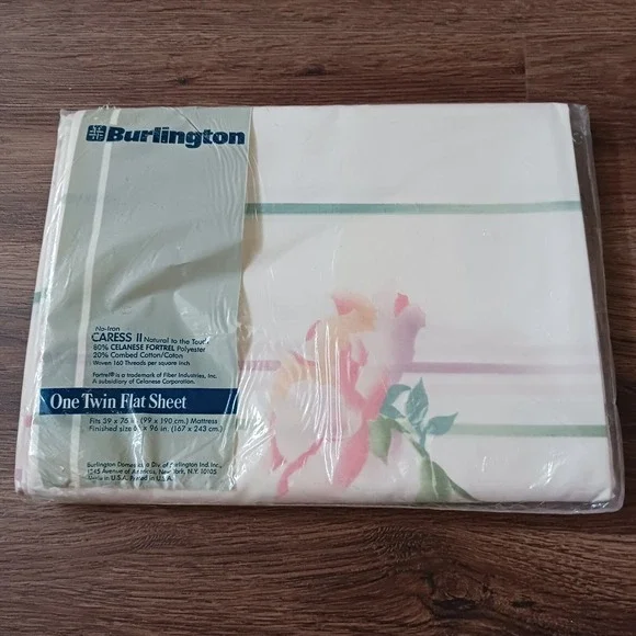 Vintage Burlington Caress II Twin Flat Sheet Watercolor Floral New