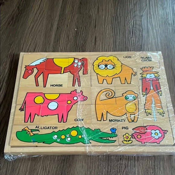 Vintage Solid Wood Doble Sided Puzzle Wild Animals/ Farm. 30 pieces
