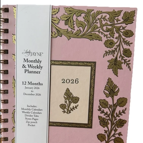 Lady Jayne 2026 Monthly & Weekly Planner January- Dec 2026- Peach Pink 9x7”