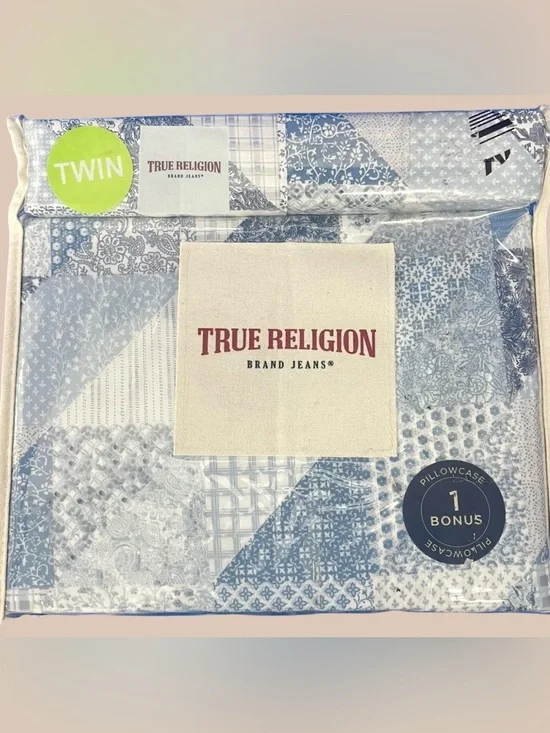 True Religion Quilt Patchwork-Look Blues White 4-pc Twin Sheet Set NEW NIP