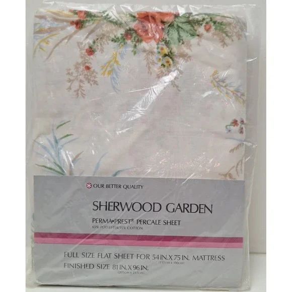 New Sears Sherwood Garden Full Size Flat Sheet Percale Perma Prest Vtg. 1970s