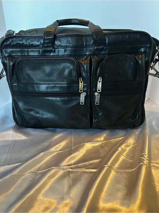 Vintage TUMI Black Leather Expandable Laptop Briefcase Organizer Luggage Tag