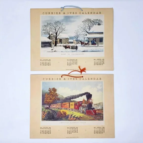 2 VTG 1944 Currier & Ives Calendars Home To Thanksgiving, American Express Train
