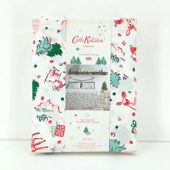 Cath Kidston Full Sheet Set Ditsy Deer Pink White Christmas Flat Fitted Pillows