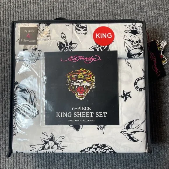 Ed Hardy 6-Piece KING Bedding Sheet Set White/Black Graphic Print Y2K Tiger Star