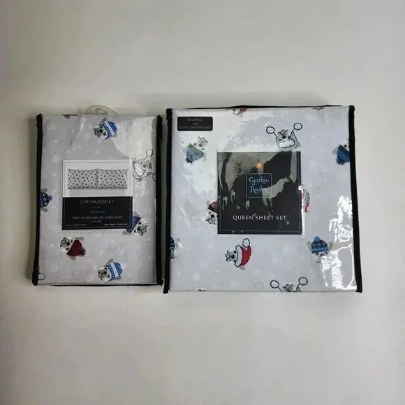 Cynthia Rowley Queen Sheet Set with Two Pillowcases Dogs Hats Winter Snow‎ New