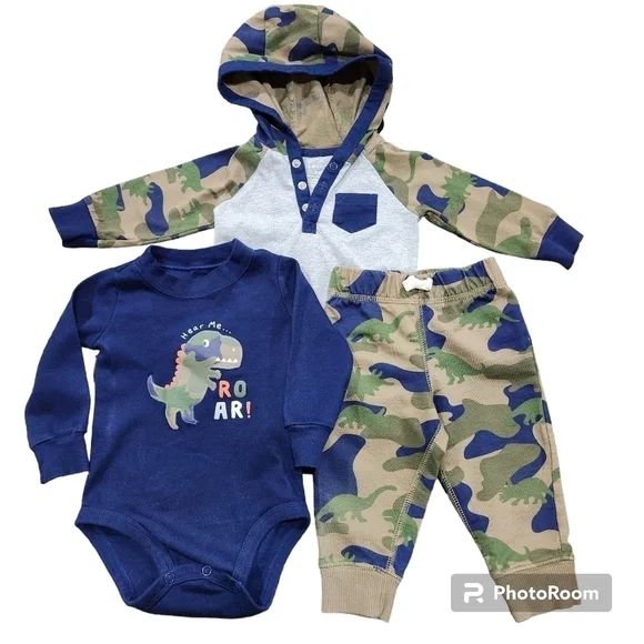 Carter's Dino Camo 3pc Set, 2 Long Sleeve Bodysuits and Camo Jogger Pants Size6M