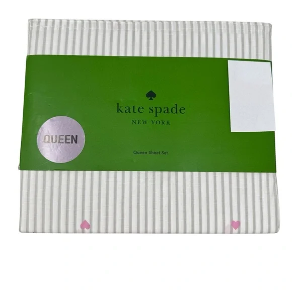 Kate Spade QUEEN Sheet Set WHITE & GRAY stripe pink hearts Cotton Percale NWT