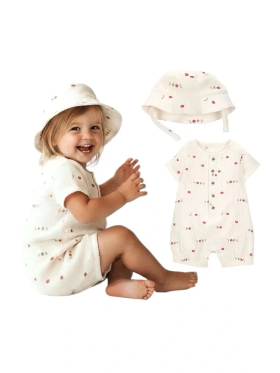 Carter's Cream Romper and Bucket Hat Set With Veggie Print