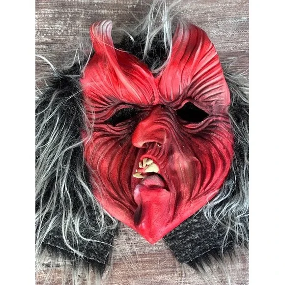 Vintage Red Devil Mask Furry‎ Horned Halloween Costume Party Prop Evil