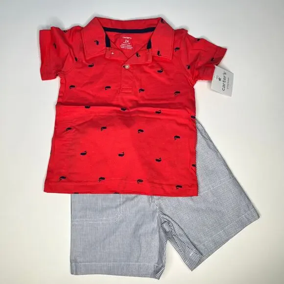 Carter's Outfit Whale Polo Striped Nautical Shorts Set New 24M