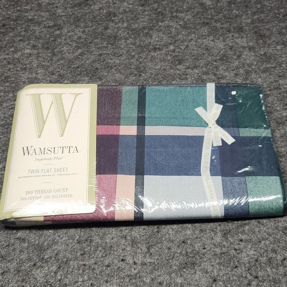Wamsutta Vintage Tyler Plaid Hunter Twin Size Flat Sheet Bedding Bed 200 Thread