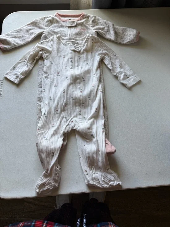 Carter's Cream and Pink Floral Ribbed Footed One-Piece 9 months