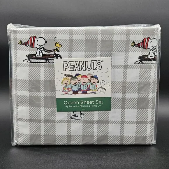 Berkshire Peanuts Snoopy Woodstock Christmas Holiday Queen Sheet Set Plaid‎ Gray