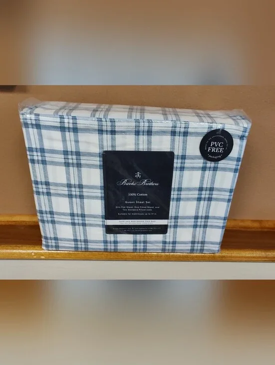 NWT! Brooks Brothers 100% Cotton Queen Size Sheet Set - Chambray Blue Plaid