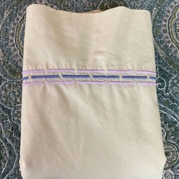 Embroidered Wamsutta vintage Cream flat Sheet with Lavender and Light Blue Trim