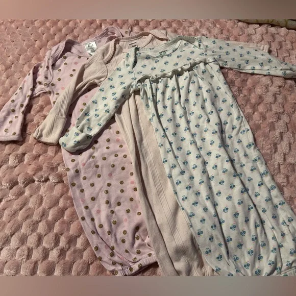 Bundle of 3 Gowns 2-Carter's & 1-Gerber Infant Baby Gown 0-3 months